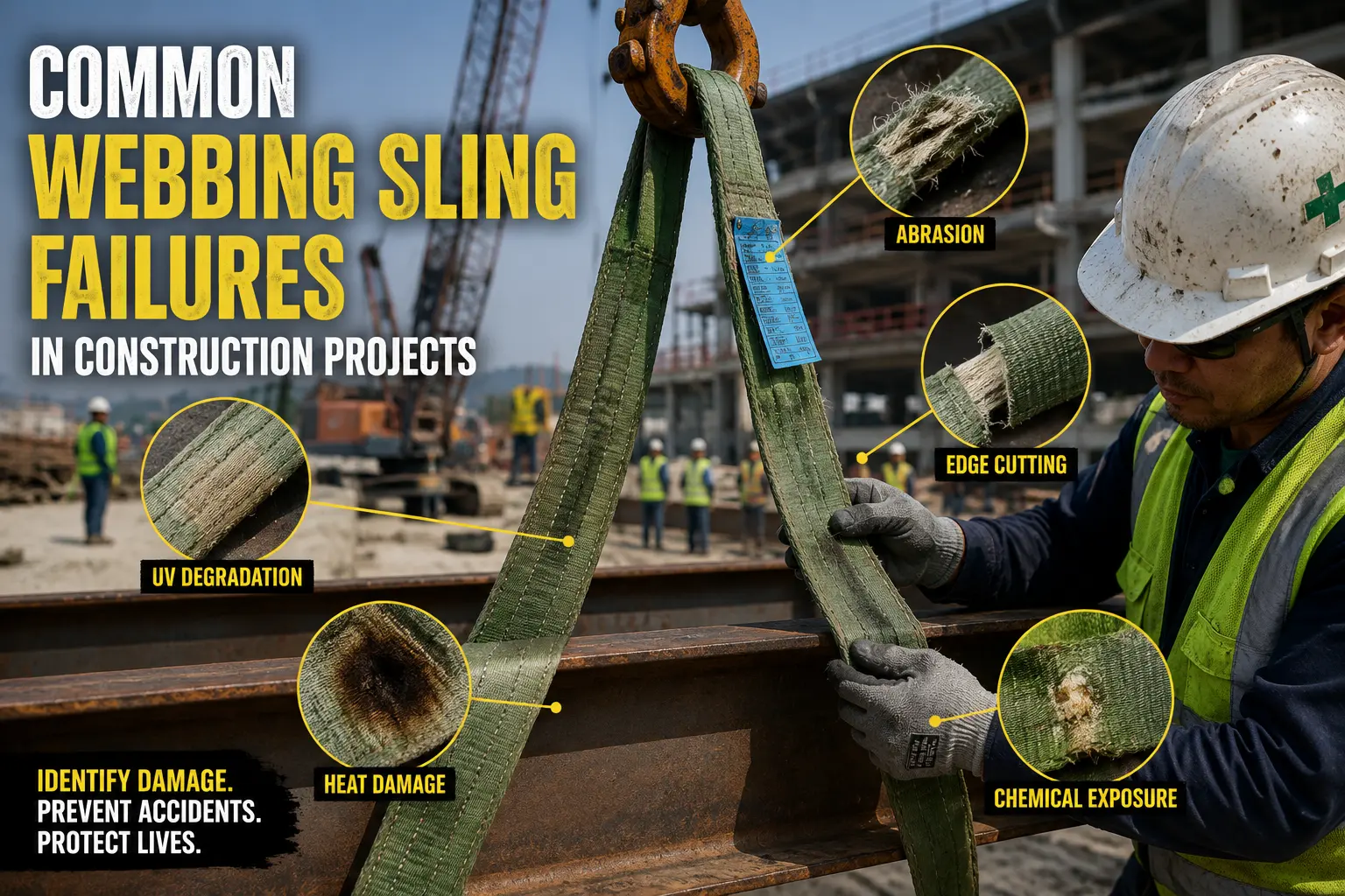 Common webbing sling failures in construction projects including abrasion damage, edge cutting, UV degradation, and shock loading.