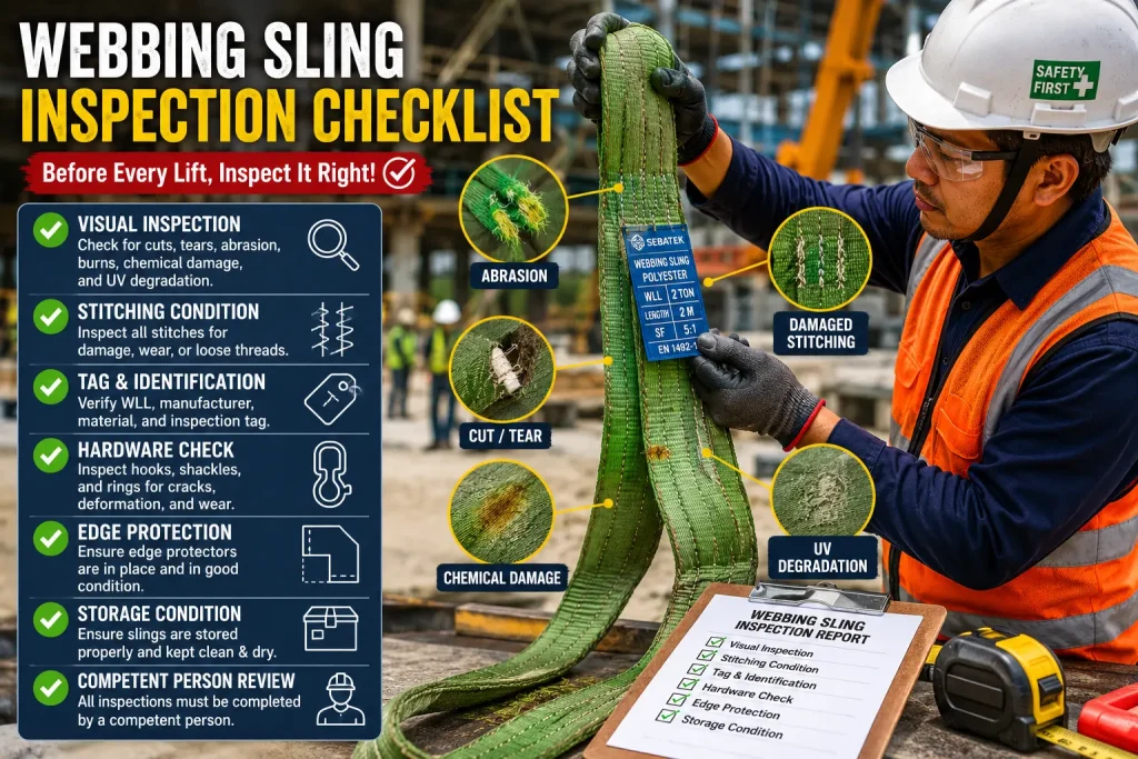 Technician performing webbing sling inspection before lifting operation.